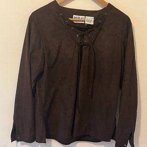 BILL BLASS JEANS | Women's Faux Suede Western Lace Up Neckline Top Brown Size Lg